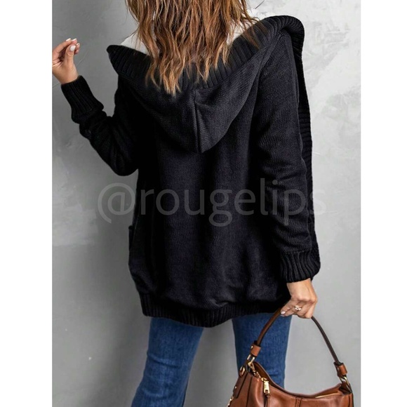Black Sherpa Knit Hooded Cardigan Front Pockets Long Sleeves Hip Length - Picture 4 of 16